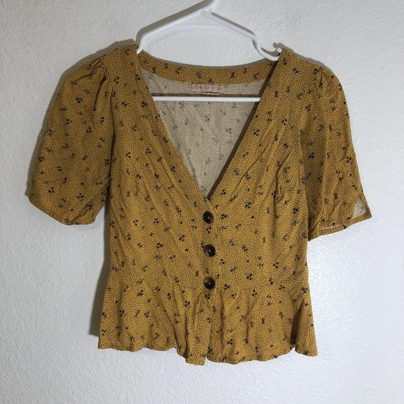 URBAN OUTFITTERS ORANGE BLACK POLKA DOP V NECK BUTTON DOWN BLOUSE SMALL
